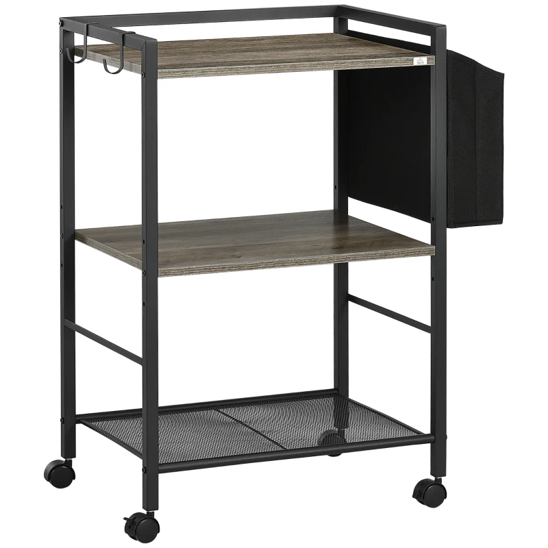 HOMCOM Carrito Auxiliar con Ruedas de 3 Niveles con Bolsa de Tela y 2 Ganchos para Salón Cocina Comedor 66x40x80,5 cm Gris