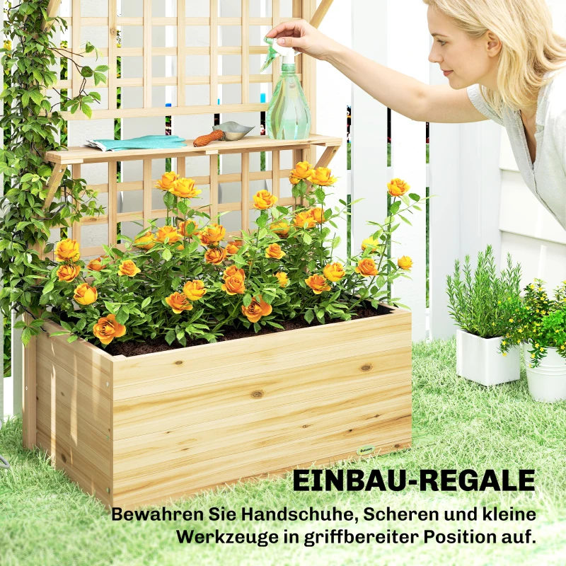 Outsunny Hoogbed met klimrek & hangend dak, houten bloembak met 2 planken, afvoergaten 76 x 43,5 x 177 cm