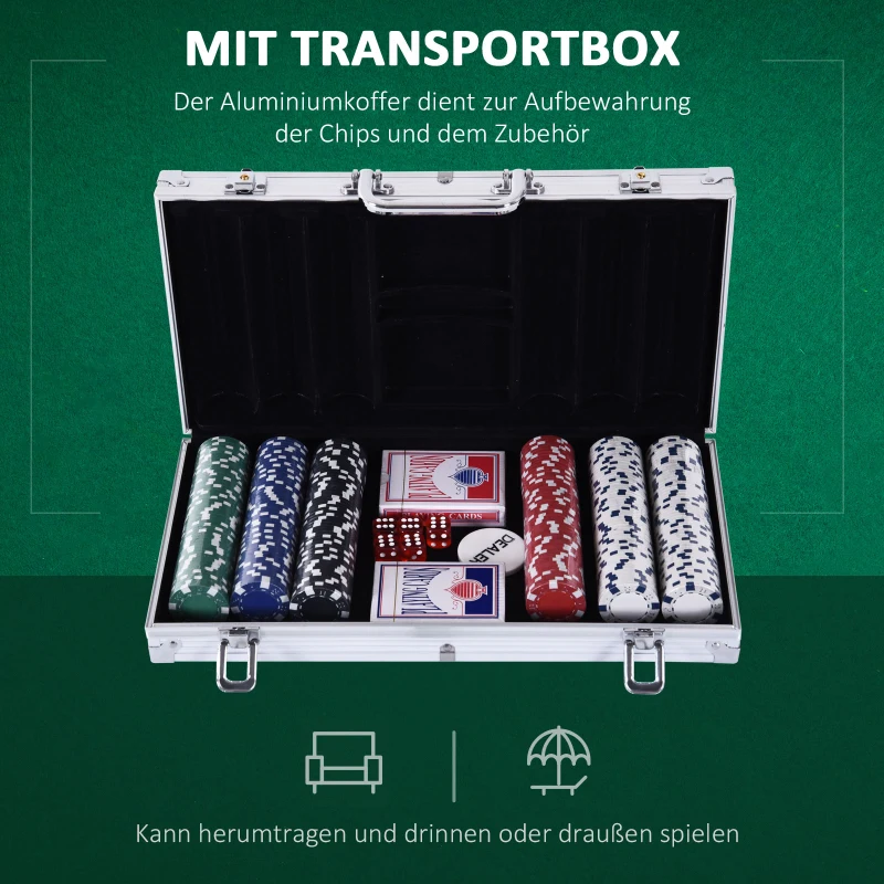 HOMCOM Pokerkoffer pokerset pokerchips 4/5 kleuren 2x kaartspel 5x dobbelstenen 1x aluminium koffer