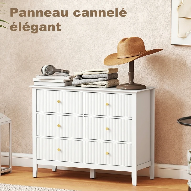 HOMCOM Commode à 6 Tiroirs, Meuble de Rangement, Chiffonnier avec Façades Rainurées, 100 x 40 x 78 cm, Blanc