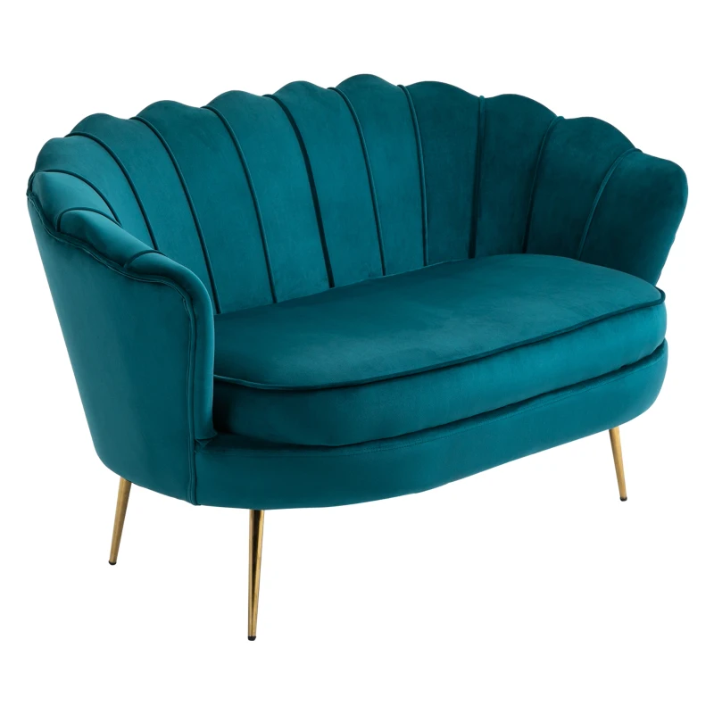 HOMCOM Canapé 2 places en tissu velours, petit canapé, en forme de coquillage, avec coussin épais de 10 cm, canapé, structure en métal, pieds dorés effilés, facile à assembler, bleu canard