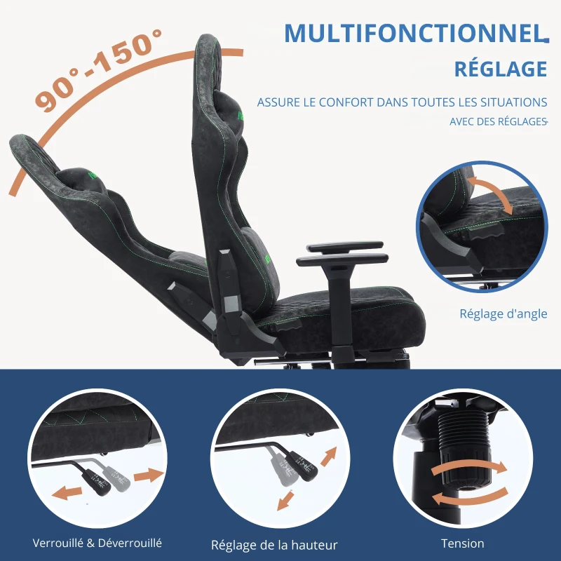 Chaise gaming ergonomique, entièrement rembourrée, respirante, anti-plis et durable, 70x70x131 cm, Noir