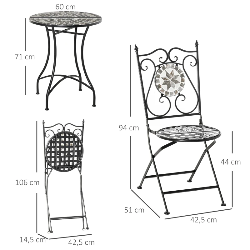 Outsunny tuinset 3-delige mozaïektafel eetgroep tuinmeubelset 1 tafel + 2 opklapbare stoelen terras metaal meerkleurig