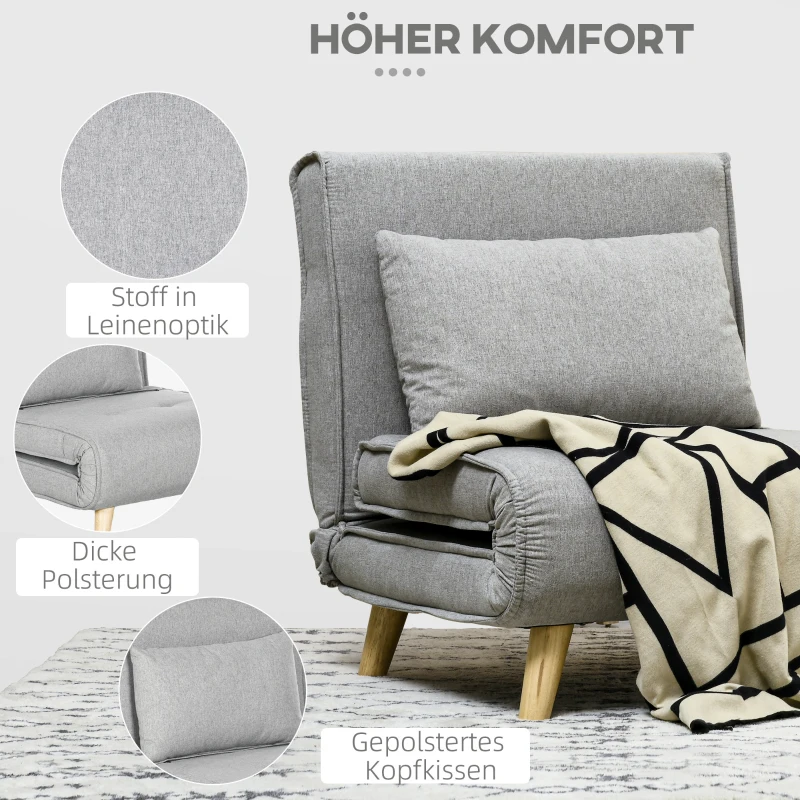 HOMCOM Slaapstoel, 6-staps Verstelbare Rugleuning, Linnenlook, tot 150 kg, Lichtgrijs(m-4)