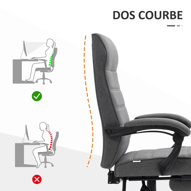 Vinsetto Fauteuil de bureau pivotant inclinable en tissu aspect lin avec accoudoirs hauteur réglable gris