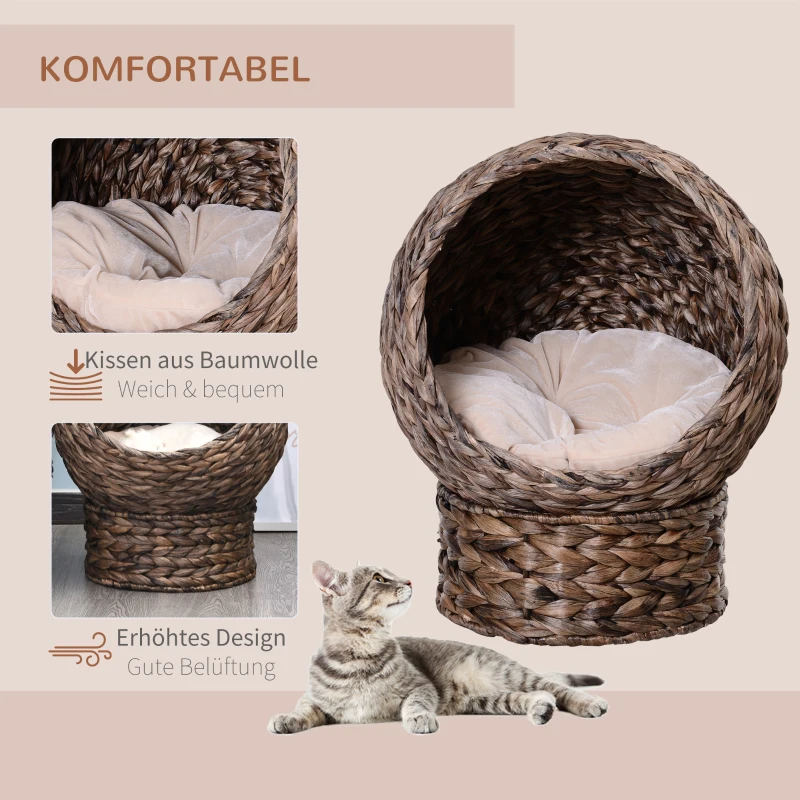 PawHut Waterhyacint kattenmand met kussen, kattenbed, huisdierbed, 50 cm x 42 cm x 60 cm, bruin+beige
