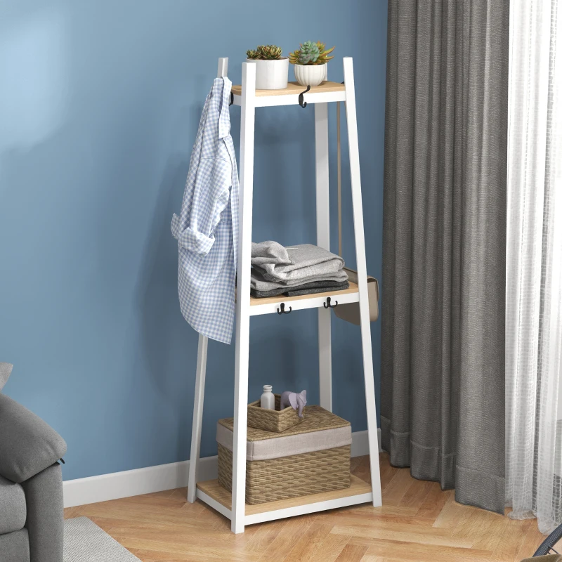 HOMCOM Perchero de Pie con 3 Estantes Perchero para Ropa con 6 Ganchos y Estantes de Almacenaje 61x41x165 cm Natural y Blanco