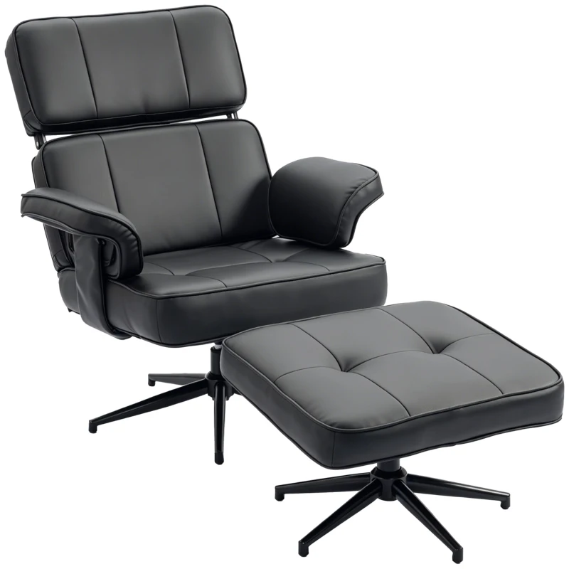 HOMCOM Verstelbare ligfauteuil met voetkruk, kunstleren bekleding, in hoogte verstelbare hoofdsteun, metalen basis, zwart
