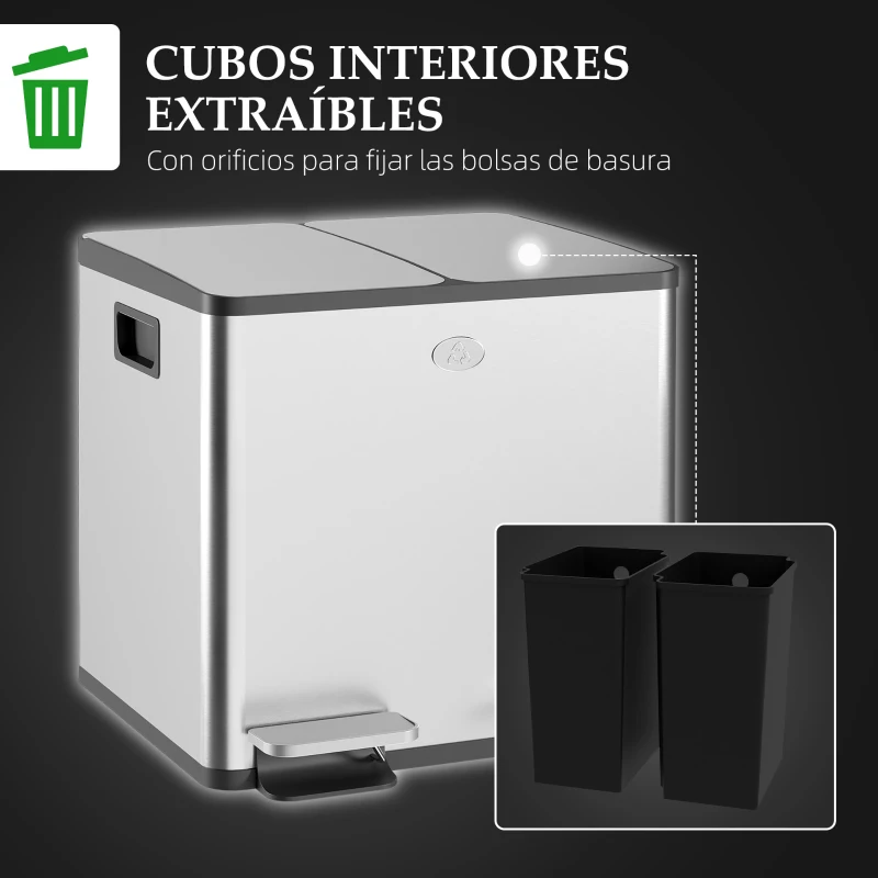 HOMCOM Papelera Cocina de Acero Inoxidable con 2 Compartimentos 2x15L Pedal Tapas de Cierre Suave y Cubo Extraíble Plata