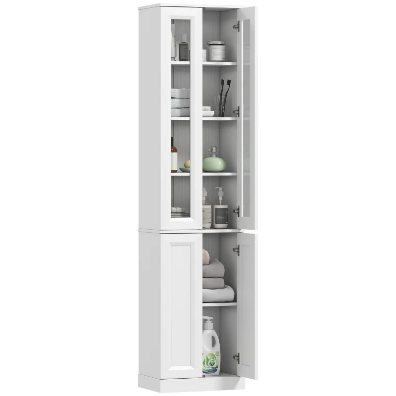 HOMCOM Meuble de Salle de Bain 6 niveaux, Meuble de Rangement avec 4 Portes à Fermeture Douce et Étagères Réglables, Blanc