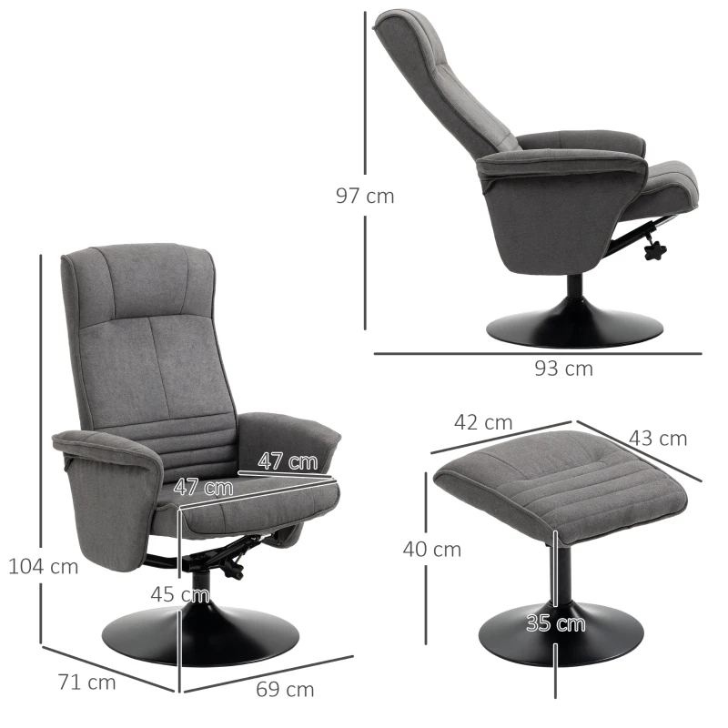 HOMCOM fauteuil met voetenbank, verstelbare rugleuning, 69 cm x 71 cm x 104 cm, donkergrijs+zwart