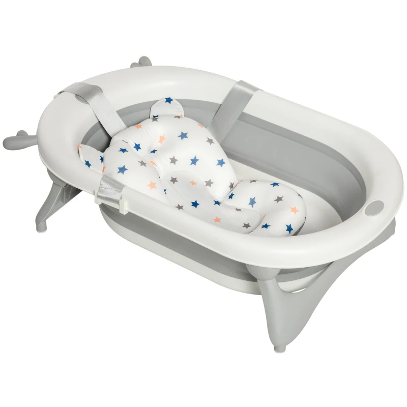 HOMCOM Foldable Baby Bathtub Set, Collapsible Bath Tub with Thermostatic Water Plug, Non-Slip Support, Cushion Pad, Drain Plugs, for Newborn to 3 Years - Offwhite