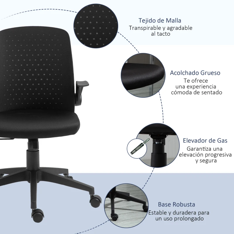 Vinsetto Silla de Oficina Ergonómica Silla Escritorio Giratoria para Adolescentes Ajustable en Altura con Reposabrazos Abatible Soporte Lumbar y Respaldo Transpirable Ligera 57x61x93-102 cm Negro