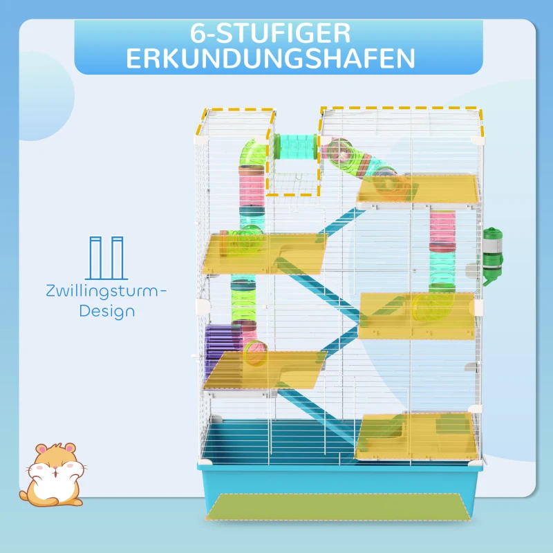 PawHut hamsterkooi 6 verdiepingen, dierenkooi met metalen tralies, buizen, tunnels, huisje, loopwiel, voederbak, waterfles, hellingen, voor dwerghamsters en gerbils, 58 x 36 x 81 cm lichtblauw(m-4)