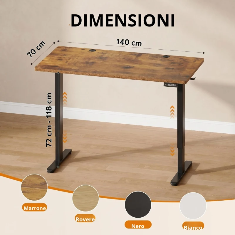 Scrivania elettrica regolabile in altezza, motore silenzioso con 3 posizioni di memoria, 140×70 cm, 72–118 cm, 140x70x72-118 cm, Marrone