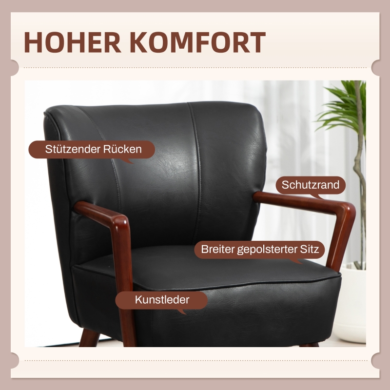 HOMCOM Accentstoel, Brede Zitting, Lederlook, Houten Frame, tot 120 kg, 67x77x80 cm, Zwart(m-4)
