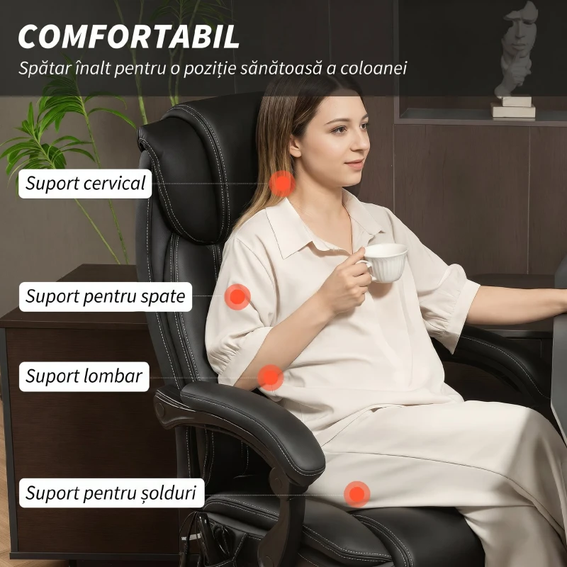 HOMCOM Scaun de Birou cu Masaj și Încălzire Reclinabil cu Telecomandă și Suport pentru Picioare, din Piele PU, Negru