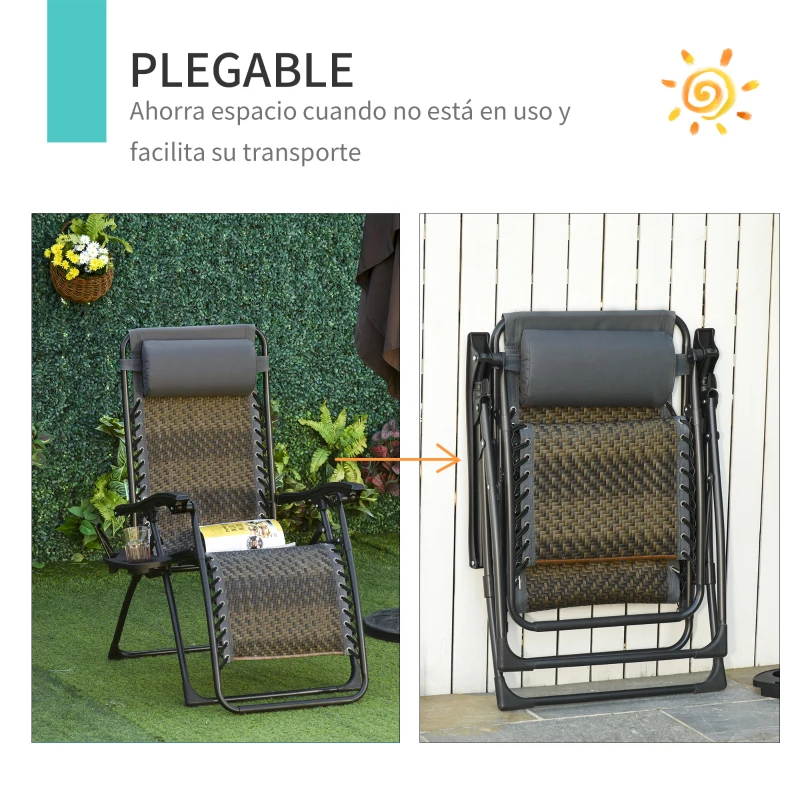 Outsunny Tumbona Plegable de Ratán con Respaldo Ajustable Reposacabezas Extraíble Portavasos y Soporte para Teléfono Jardín Terraza al Aire Libre 65x70x110 cm Gris