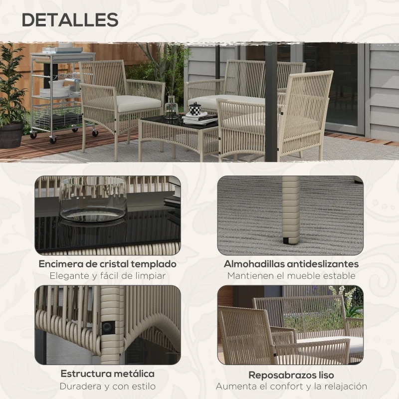 Outsunny Juego de 4 Piezas Muebles de Terraza con 1 Sofá de 2 Plazas 2 Sillones y 1 Mesa de Centro con Encimera de Cristal Caqui