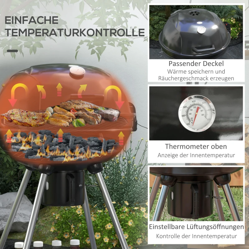 Outsunny Kogelbarbecue, Ø54 cm grillrooster, warmhoudrooster, opbergplank, aslade, thermometer, 55 x 65 x 89 cm, zwart