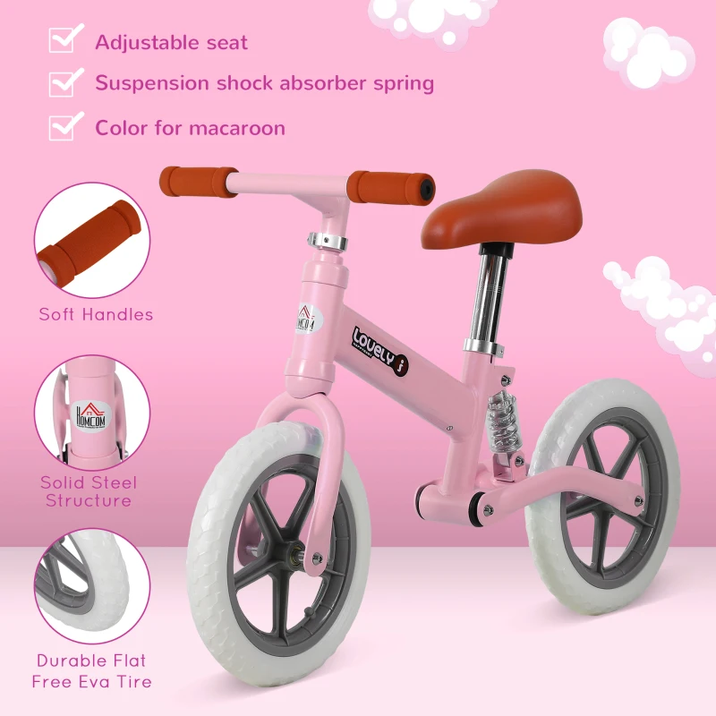 HOMCOM 12" Kids Balance Bike No Pedal Bicycle EVA Tyre Adjustable Seat Toddler Training Bike W/ Shock Absorber 2 - 5 Years Gift for Boys Girls Pink