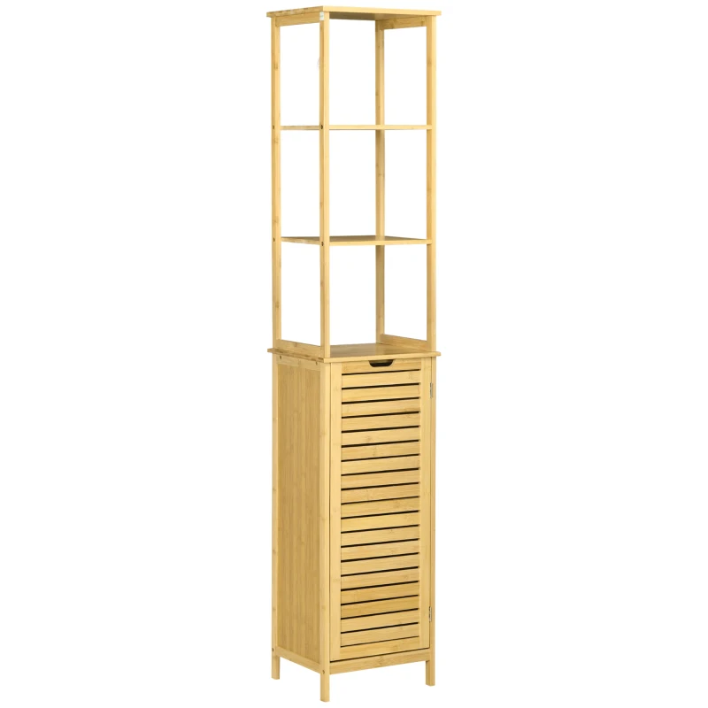 kleankin Badkamerkast, Hoge Kast met Drie Planken en een Kastvak met Lamellendeur, Kantelbeveiliging, Bamboe, 34 x 30 x 173 cm