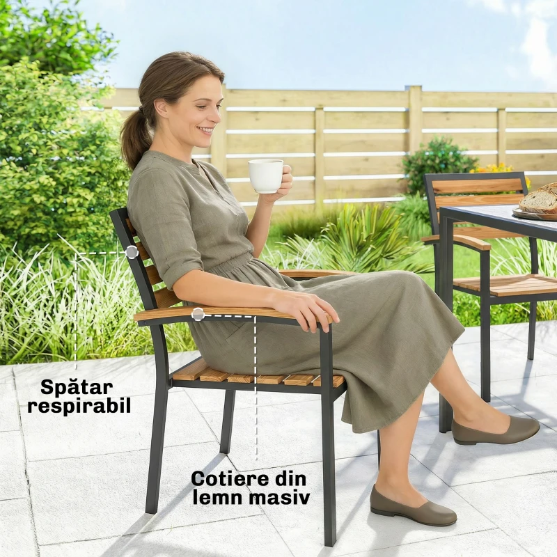 Outsunny Set de 2 Scaune Stivuibile pentru Exterior din Lemn cu Finisaj Natural.