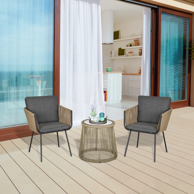 Outsunny Ensemble salon de jardin 3 pièces style colonial 2 fauteuils avec coussins gris + table basse résine filaire beige acier époxy noir