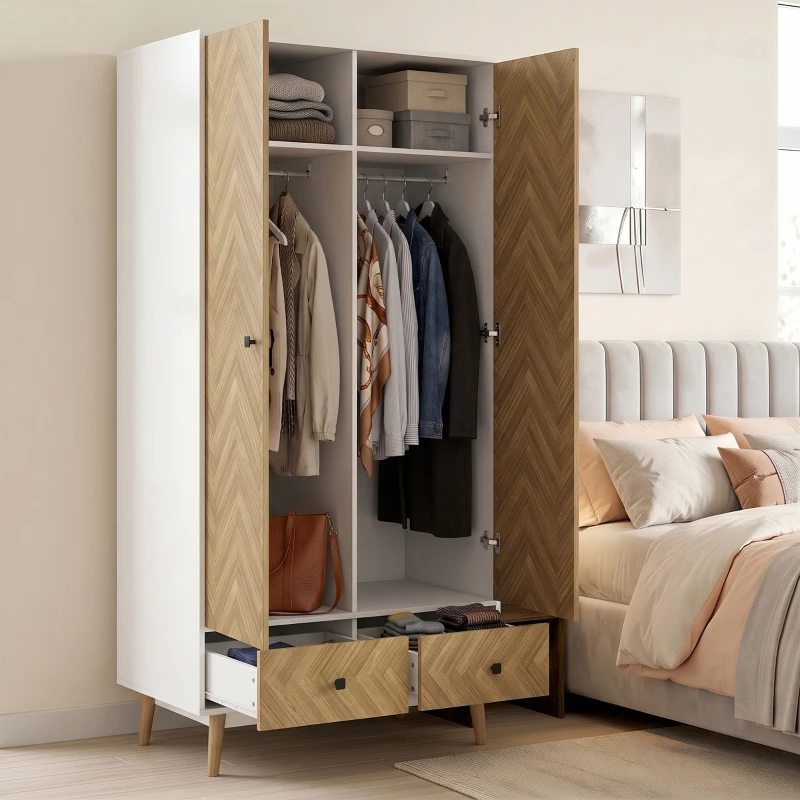 HOMCOM Cabinet Wood-Effect Sticker Surface, Modern Wardrobe with 2 Hanging Rods, 2 Storage Shelves and 2 Drawers, White