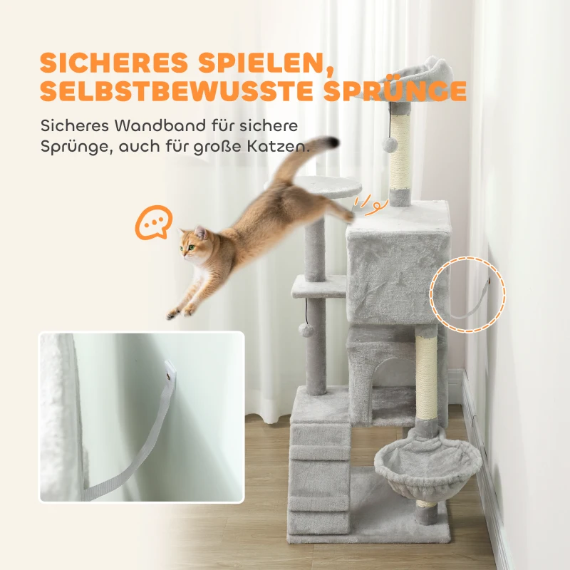 PawHut 140 cm krabpaal, meerdere niveaus, sisal-krabpalen, holen, pluche platforms, hangmat, ladder, speelballen