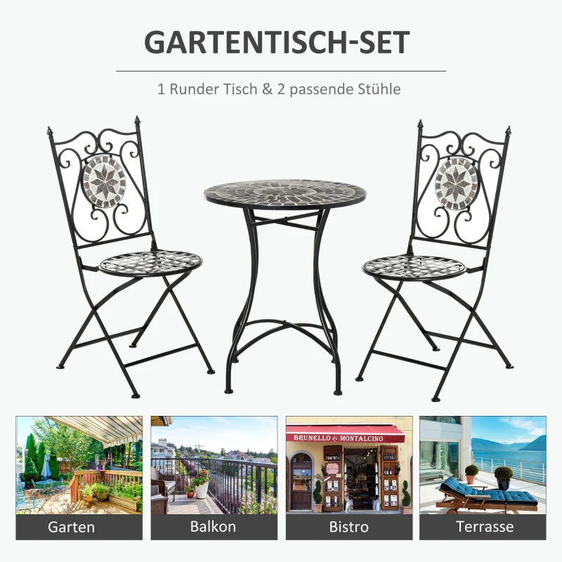 Outsunny tuinset 3-delige mozaïektafel eetgroep tuinmeubelset 1 tafel + 2 opklapbare stoelen terras metaal meerkleurig