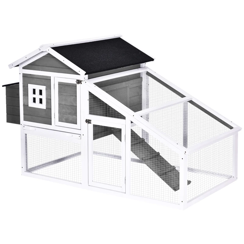 PawHut Chicken Coop with Run Garden Wooden Hen Cage Poultry Coops Cages with Nesting Box Ramp Sliding Tray Outdoor Grey for 2-4 Chickens 175.4 x 95.5 x 100cm