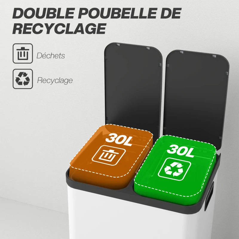 HOMCOM Poubelle de cuisine 2 x 30L avec pédale en métal, 2 compartiments, couvercle à fermeture douce, 60L, blanc