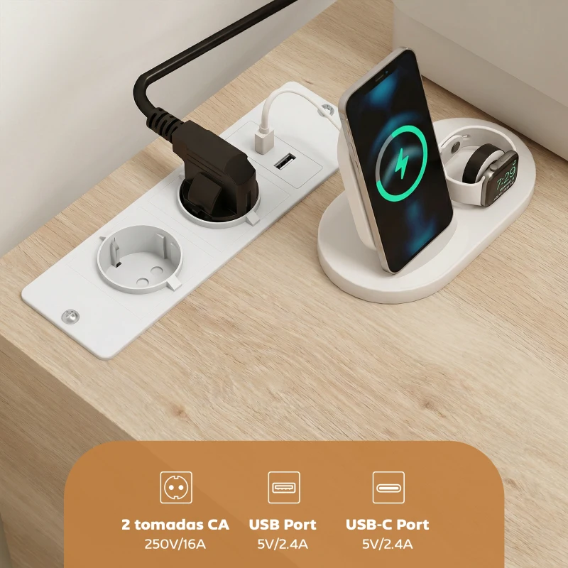 HOMCOM Móvel para Impressora com Estação de Carregamento e Rodas 5 Gavetas Portas USB Prateleira Ajustável Natural