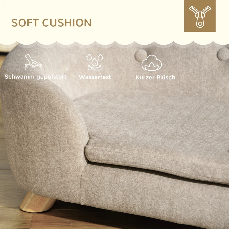 PawHut hondenbank hondenmat hondenmand hondenbank hondenbank kattenbank met kussen achterzak pluche schuim grenen hout beige + lichtgrijs 70 x 47 x 30 cm(m-5)