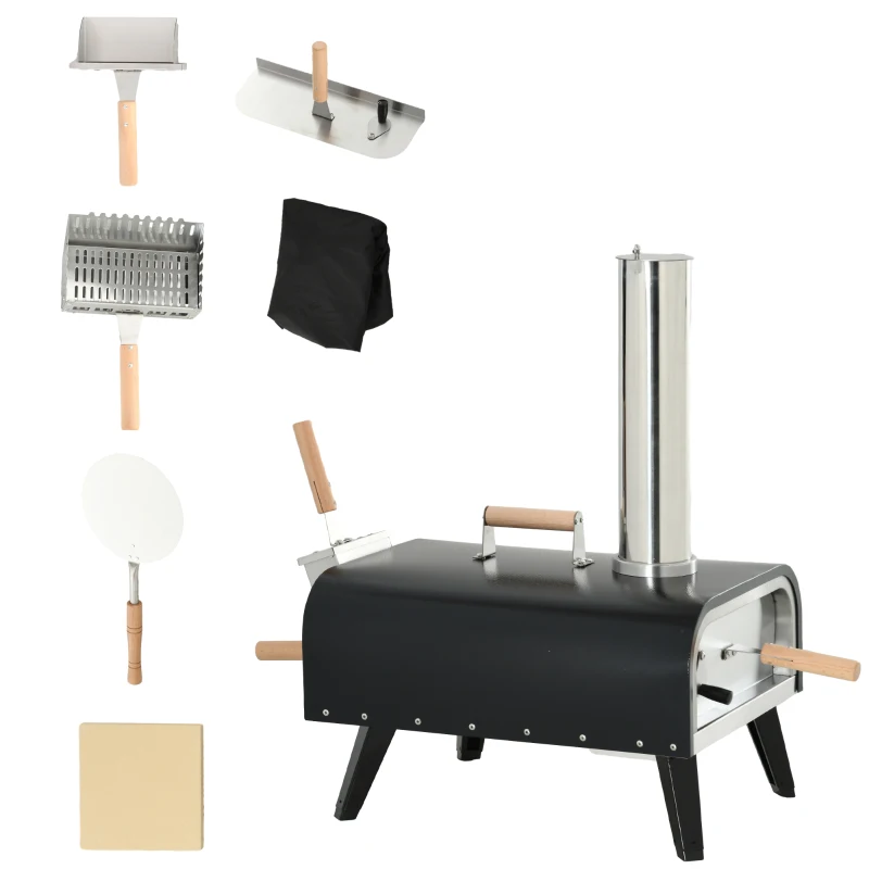 Outsunny Forno per Pizza Pieghevole e Portatile con Pala e Pietra, in Acciaio e Legno, 81x40x72 cm, Nero