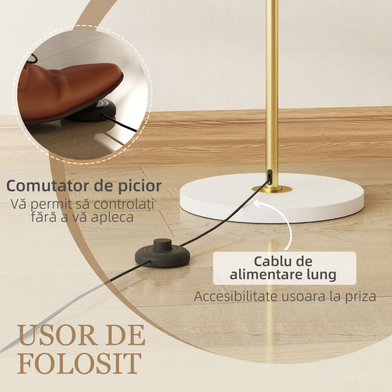 HOMCOM Lampă de Podea Modernă cu Lumină Reglabilă, Comutator cu Pedală și 3 Niveluri de Luminozitate, Aurie