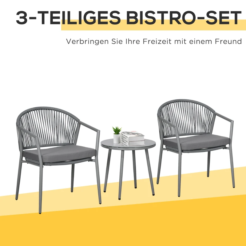Outsunny Tuinset, 2 Stoelen & 1 Tafel met Glazen Blad, Rattan look, weerbestendig, Metalen frame, Grijs