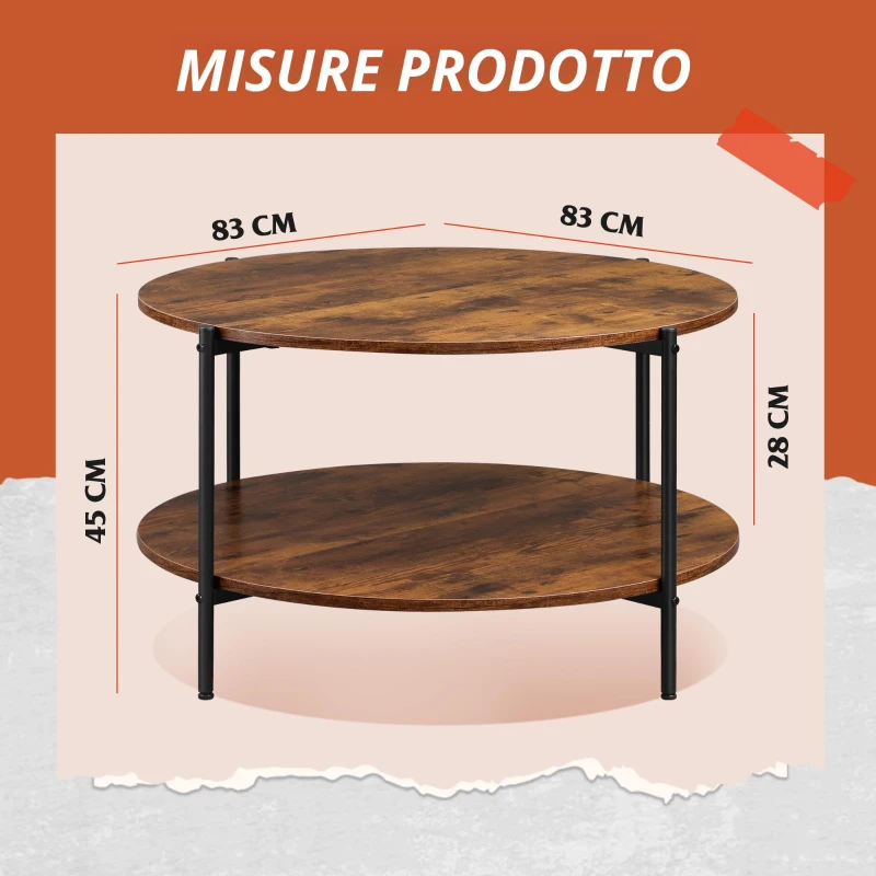 Tavolino rotondo a due livelli, ampio spazio contenitivo, gambe regolabili, 83x83x44,5 cm, Marrone