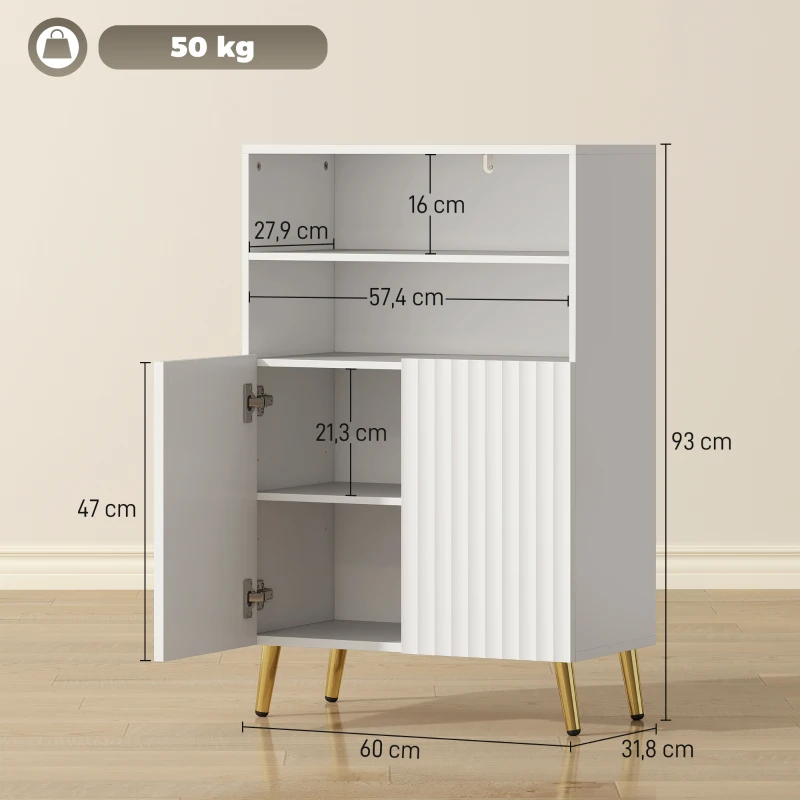HOMCOM Badkamerkast, commode voor woonruimtes, soft-close deuren, 2 open planken, MDF, Wit