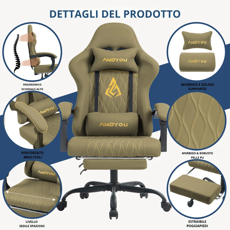 Poltrona gaming con poggiapiedi, cuscino morbido per collo e lombare, cuscini di supporto rimovibili, 60x60x122 cm, Verde