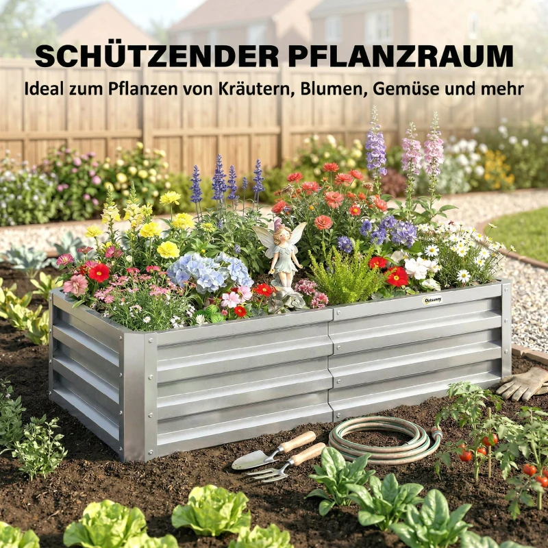 Outsunny Verhoogd Tuinbed Plantenbak, Weerbestendig, Open Bodem, Verzinkt Staal, 120 cm x 60 cm x 30,5 cm, Zilver