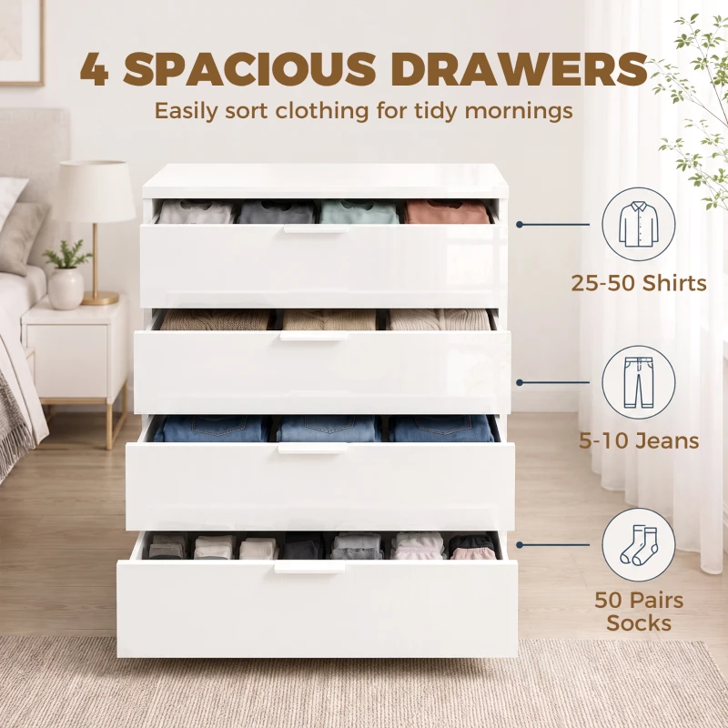 HOMCOM High Gloss 4-Drawer Chest of Drawers, Space-Saving Bedroom Storage Unit with Smooth Runners, White