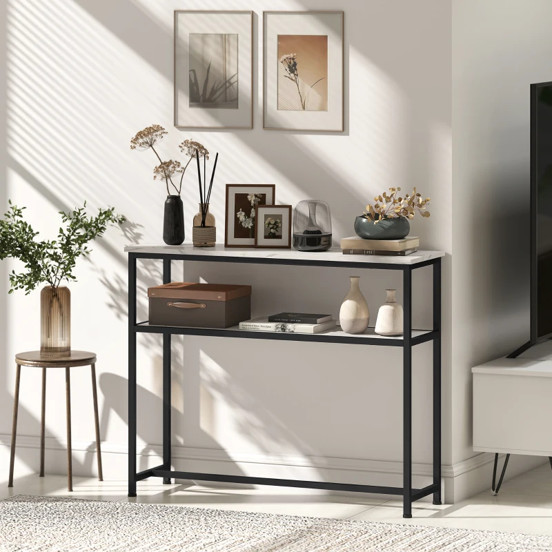 HOMCOM Consola Recibidor Estrecha con Superficie con Efecto Mármol Estante Abierto y Marco de Metal 100x30x81 cm Blanco