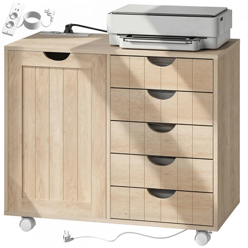 HOMCOM Mueble para Impresora con Estación de Carga y Ruedas 5 Cajones Puertos USB Estante Ajustable Natural