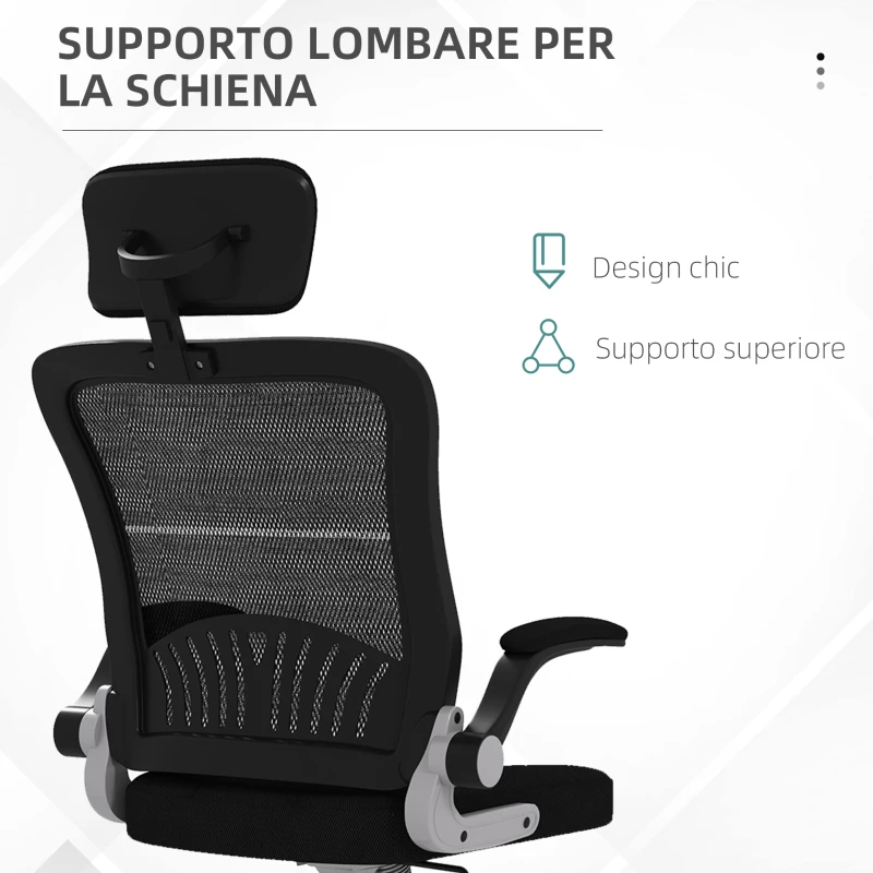 HOMCOM Sedia da Ufficio con Poggiatesta e Altezza Regolabili, Tessuto a Rete e Braccioli Ribaltabili, Nero