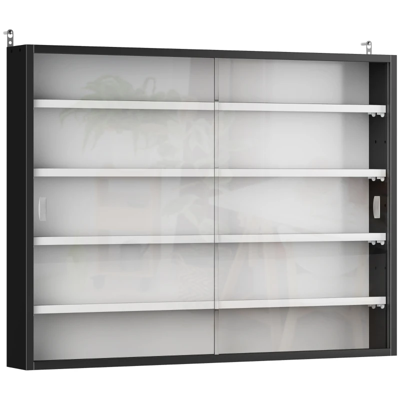 HOMCOM Vitrina Expositora para Colecciones de 5 Niveles, Vitrina de Pared, con Estantes Ajustables y 2 Puertas Correderas de Vidrio, para Perfumes, Figuras de Decoración, 80x9,5x60 cm, Blanco y Negro