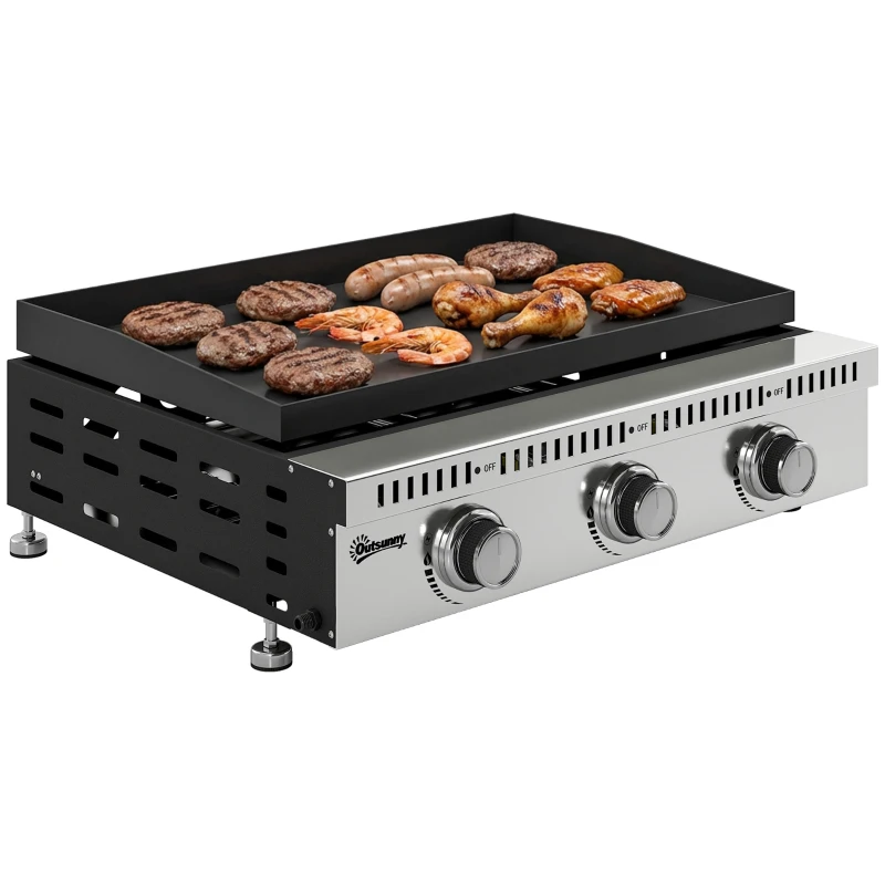 Outsunny Plancha gaz 9 kW 3 brûleurs en acier inoxydable, surface cuisson 56,5 x 33 cm, bac de récupération des graisses, noir
