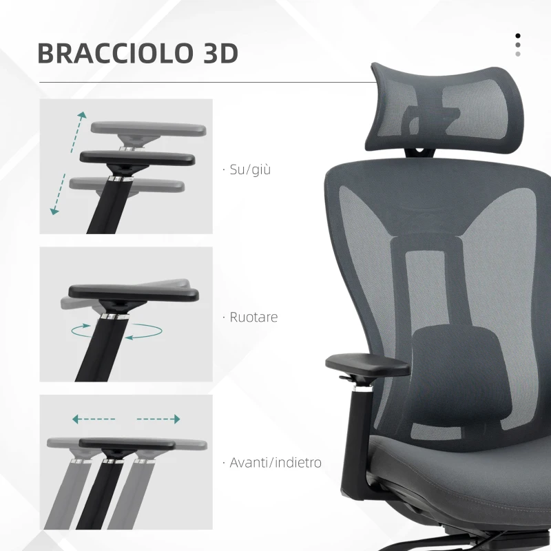 Vinsetto Sedia da Ufficio Reclinabile con Poggiatesta, Supporto Lombare e Altezza Regolabili, Grigio