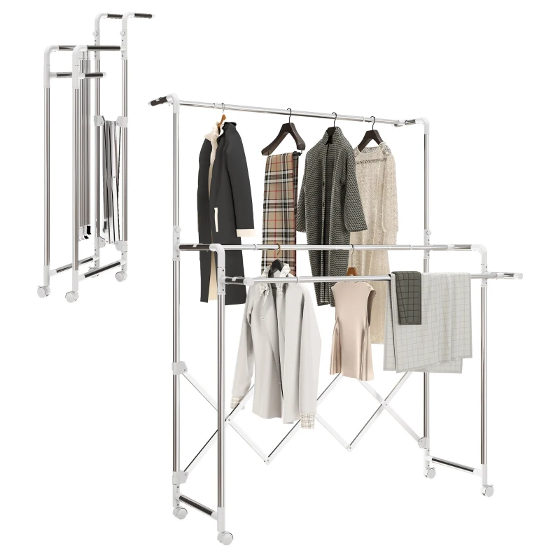 HOMCOM Séchoir à linge pliable étendoir linge intérieur à 3 barres réglables et 4 roulettes 104-150 x 103 x 145-197 cm argent